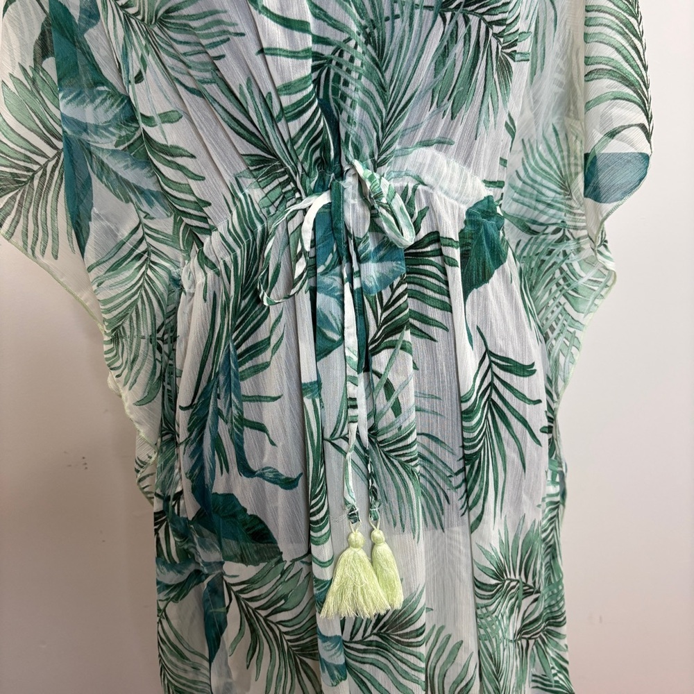 Kona Sol Tropical Palm Leaf Midi Dress Cover Up M Green Resort Vacation Tassel - Picture 7 of 14